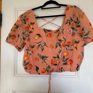 LOFT Orange Black Puff Sleeve Crop Blouse